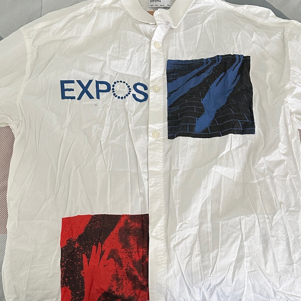 Bershka White Button Down Shirt with Blue and Red Graphic